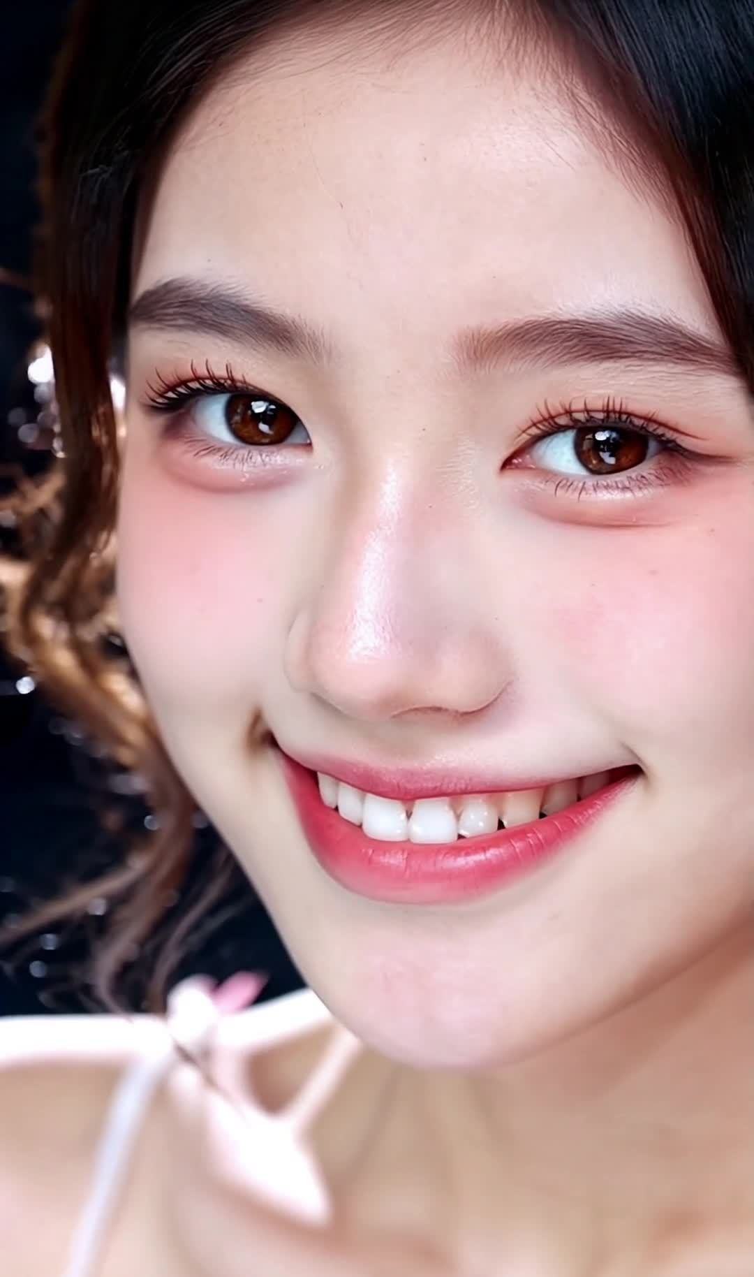 甜美妆容下的微笑：棕色眼睛注视镜头