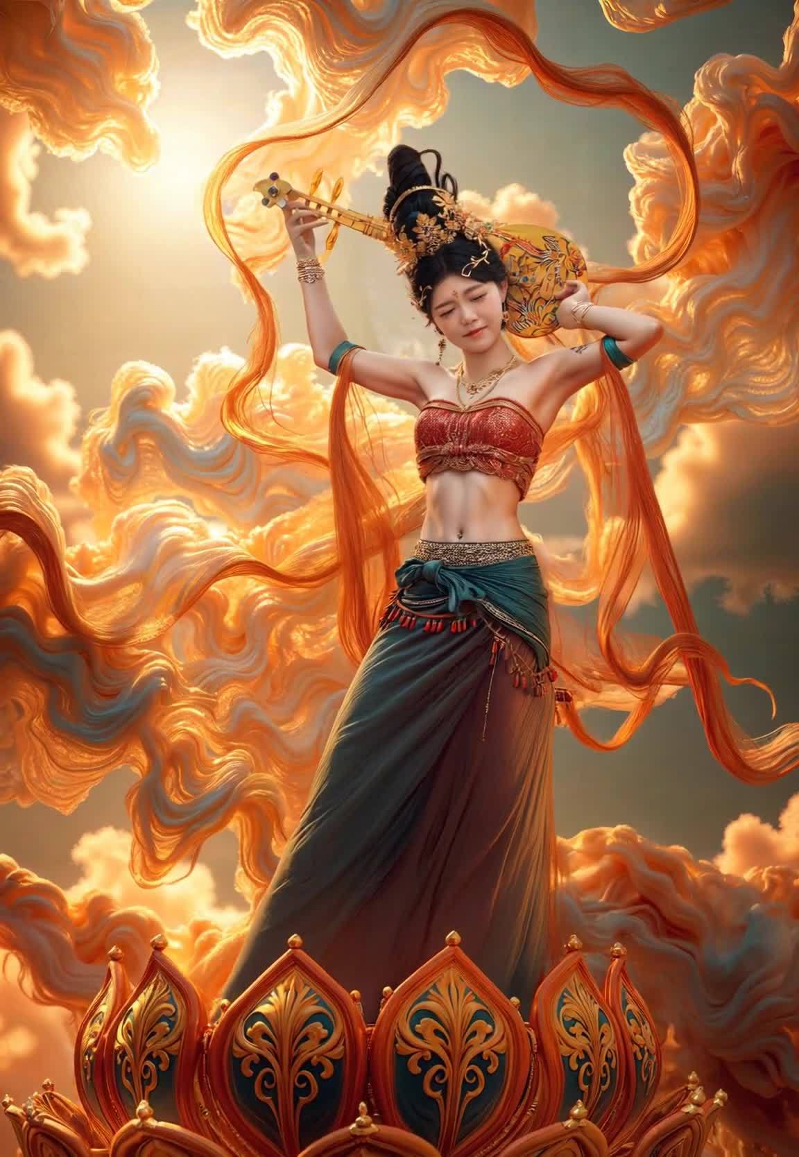 莲座琵琶仙女云霞飘带绕身