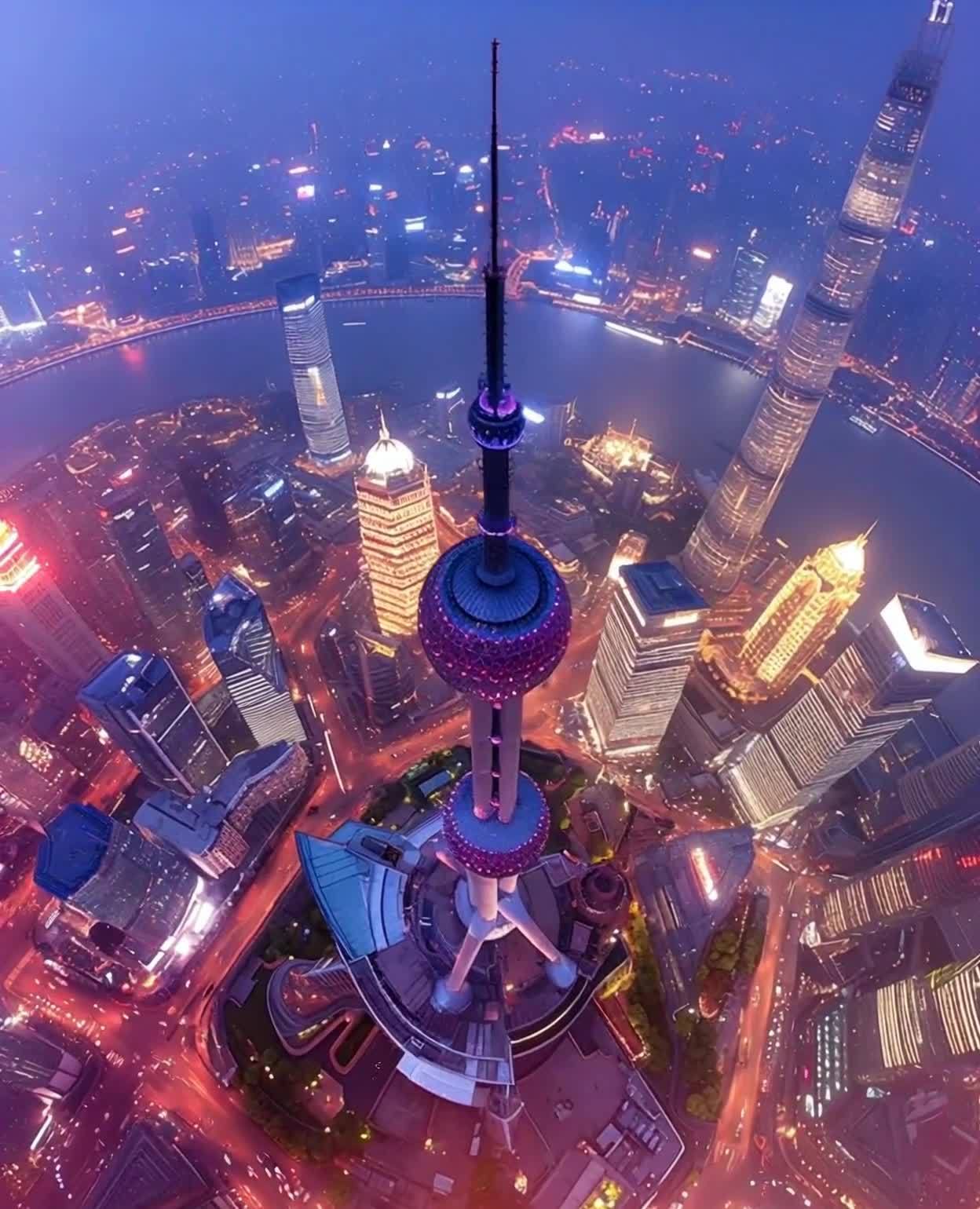 上海东方明珠夜景：高楼林立，江水倒影