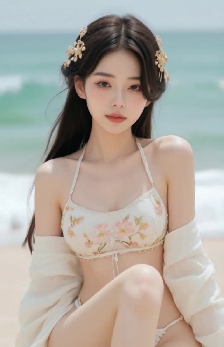 海滩比基尼美女，头戴发饰，海浪背景唯美写真