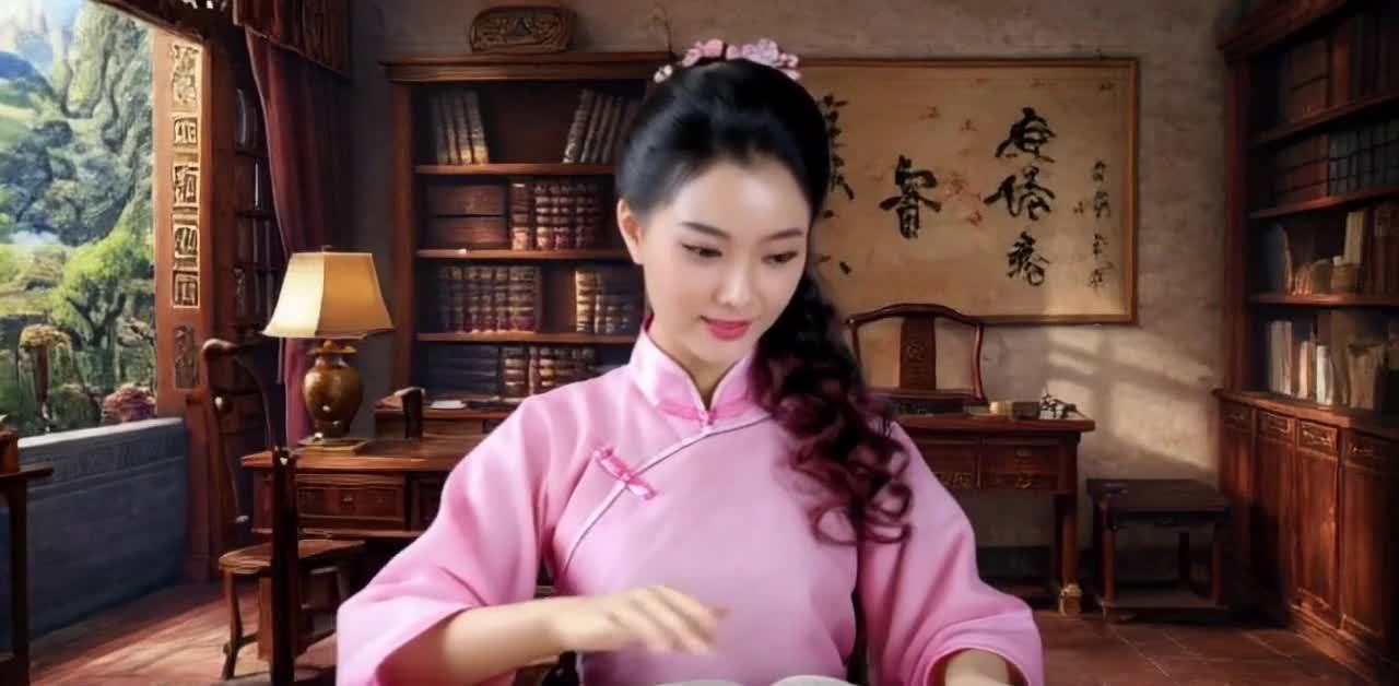 粉衣汉服少女在书房阅读，环境温馨古典。