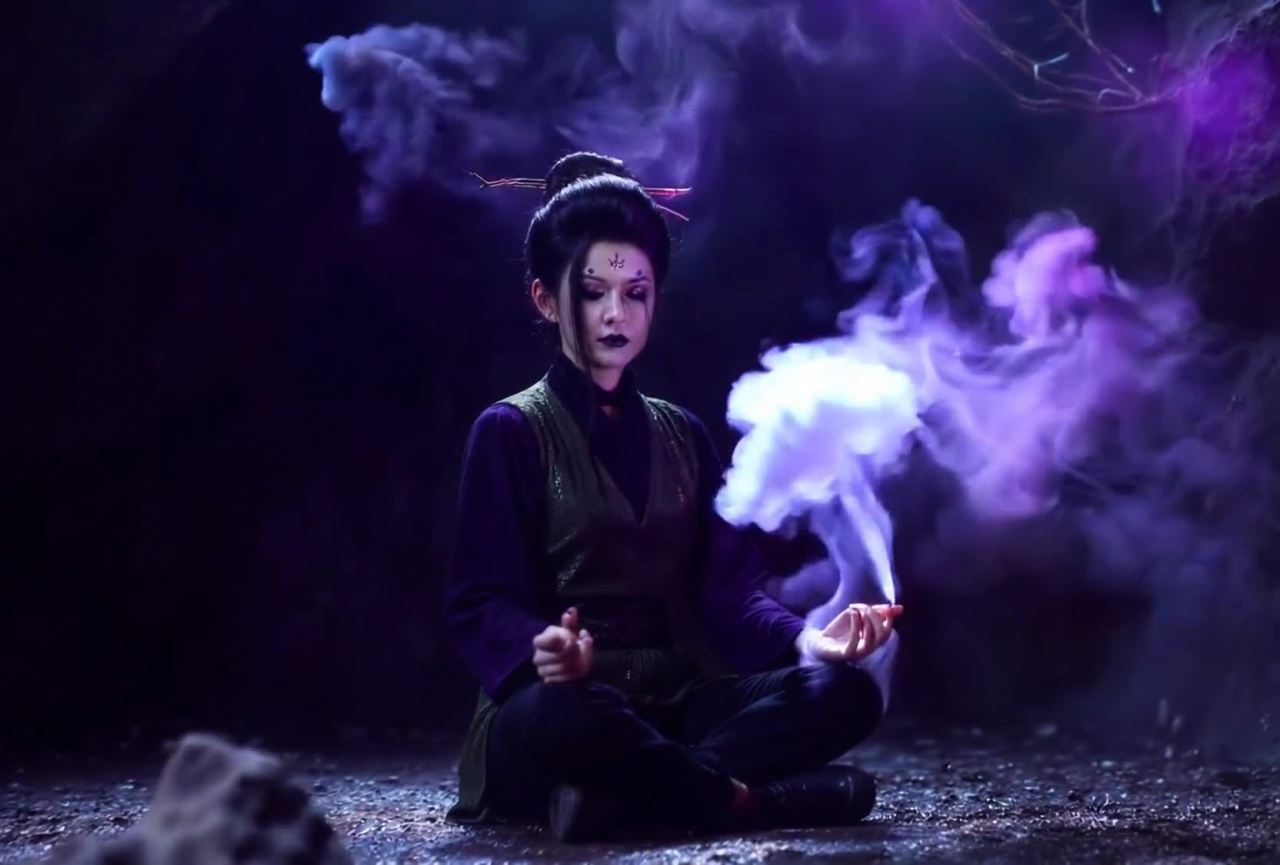 幽暗空间女子冥想，紫色烟雾弥漫氛围神秘