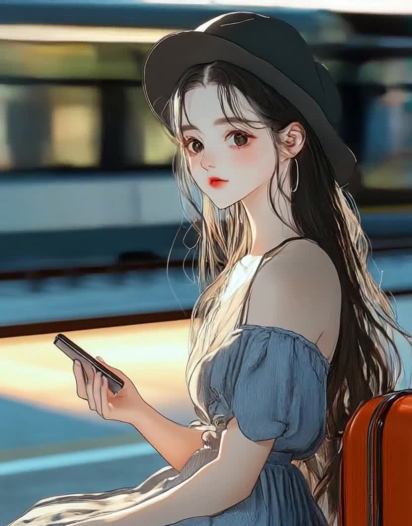 戴帽女孩站台候车，手持手机等待旅程开始