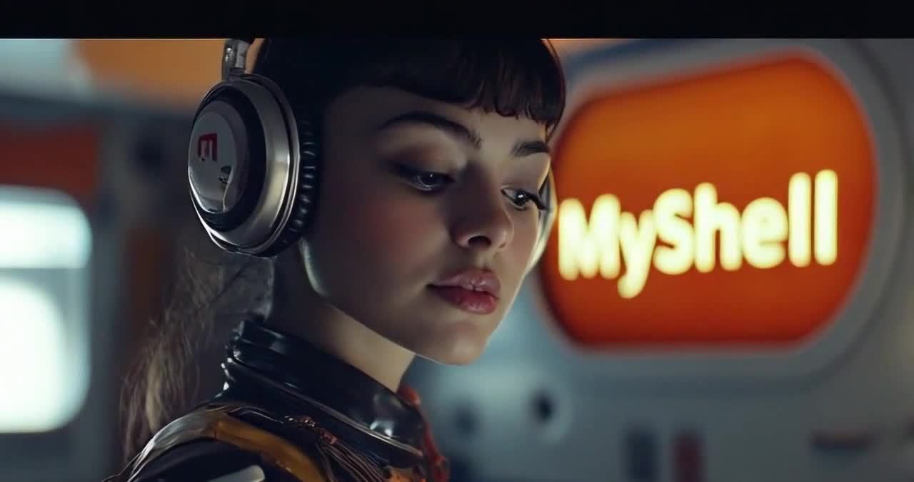 MyShell女性戴耳机凝视,背景发光橙色标志。