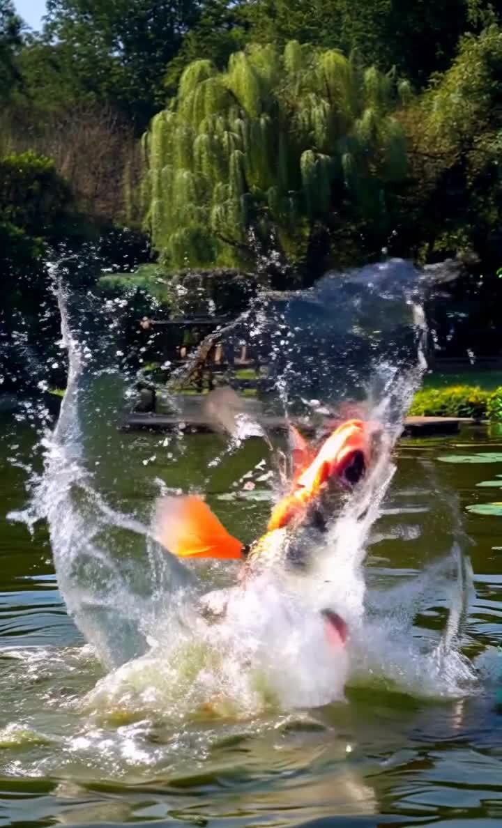锦鲤跃出水面，水花四溅，色彩鲜艳，池塘景色宜人