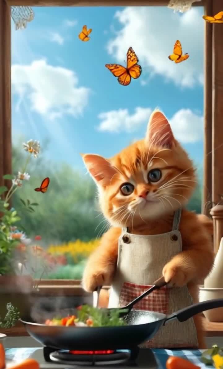 戴围裙的小猫在厨房做饭，窗外有蝴蝶