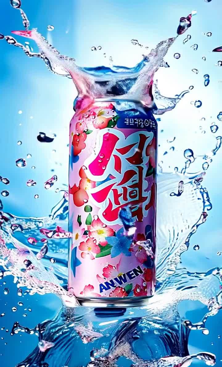 花卉罐装饮料水花四溅，清新水珠悬浮空中。