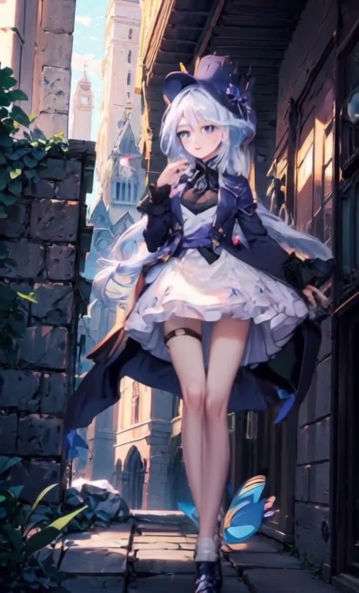 动漫风格银发少女街景沉思，紫色服饰唯美。