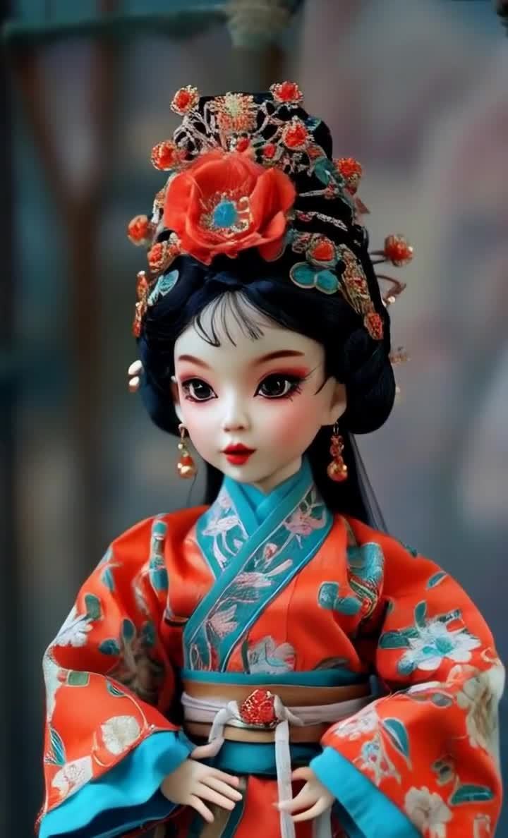 精致戏服玩偶，头戴花饰妆容，面部妆容精致。