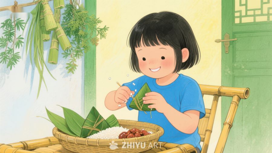 小女孩制作粽子的温馨场景 400