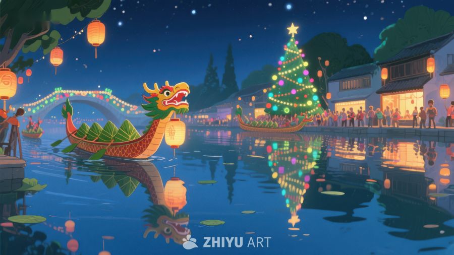 夜景龙舟与圣诞树的和谐共融 419