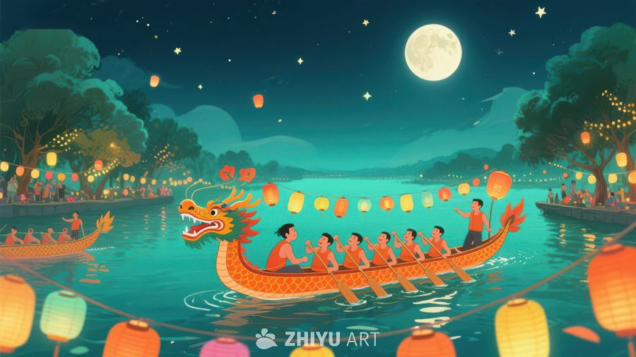 夜色龙舟竞渡，灯笼映月庆佳节 428