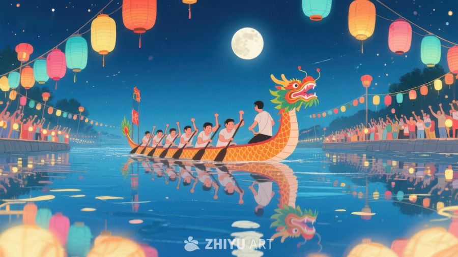夜色龙舟赛，灯火映河面 433