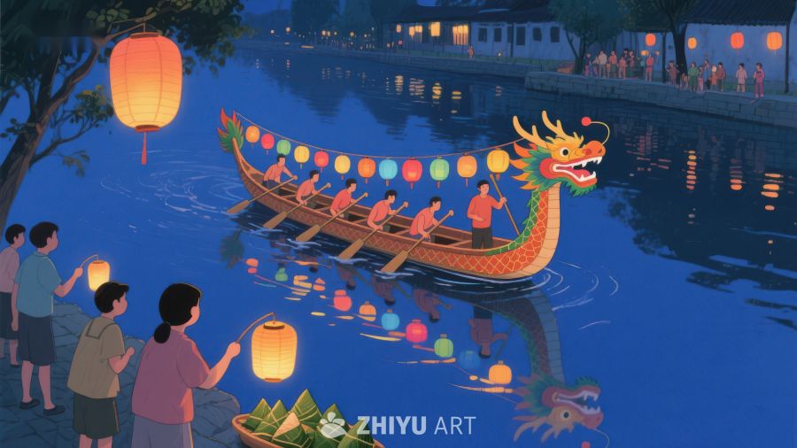 夜色中龙舟竞渡，河畔观灯欢庆 440