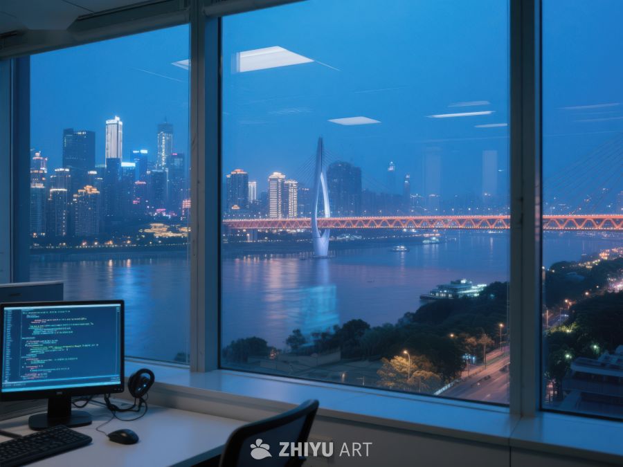 夜景办公室，窗外城市与江景 408