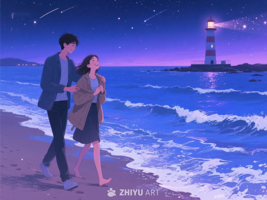 夜海边散步的情侣 956