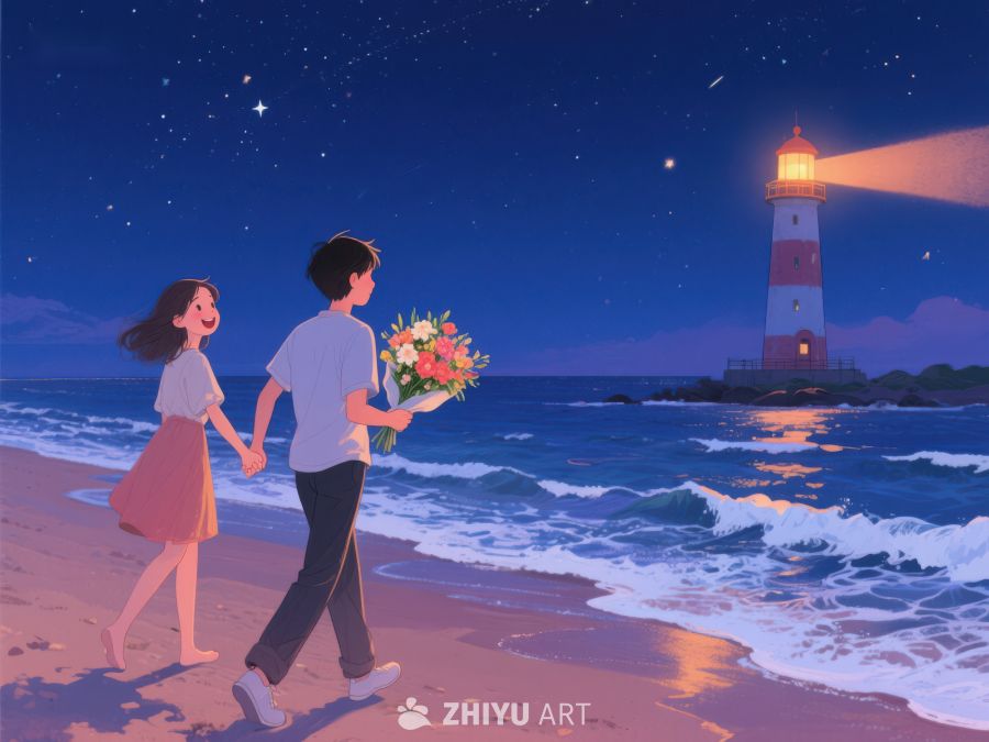 夜色海滩漫步，灯塔见证浪漫 1017
