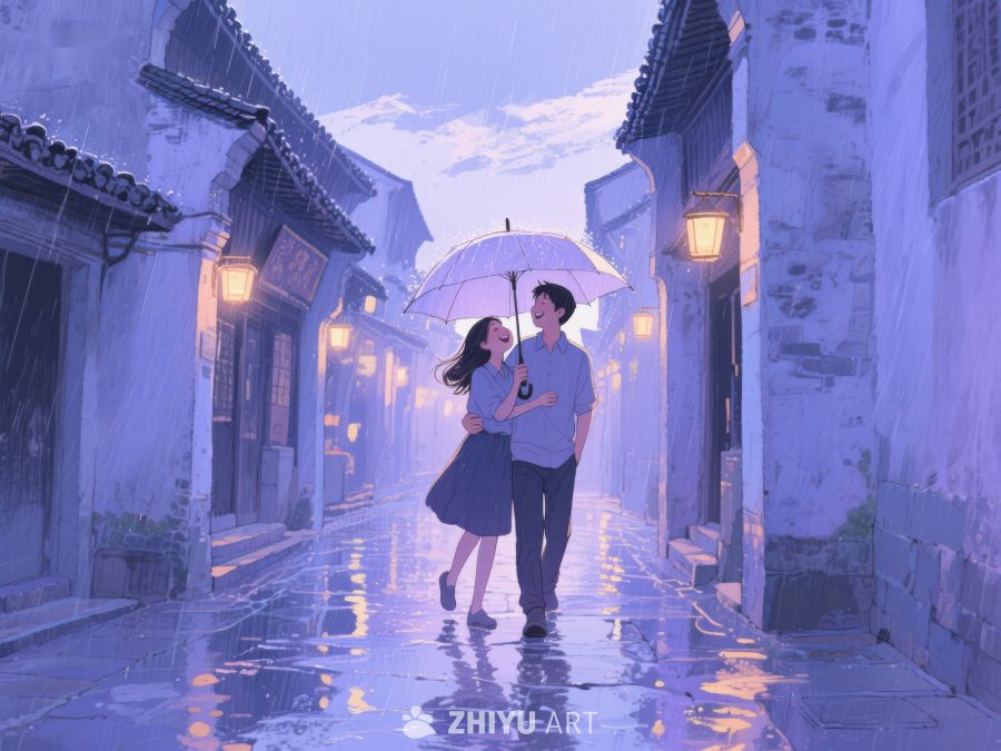 雨夜古巷，情侣共伞漫步 1062