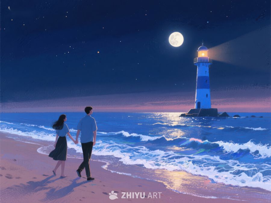 月下灯塔旁的浪漫漫步 1113