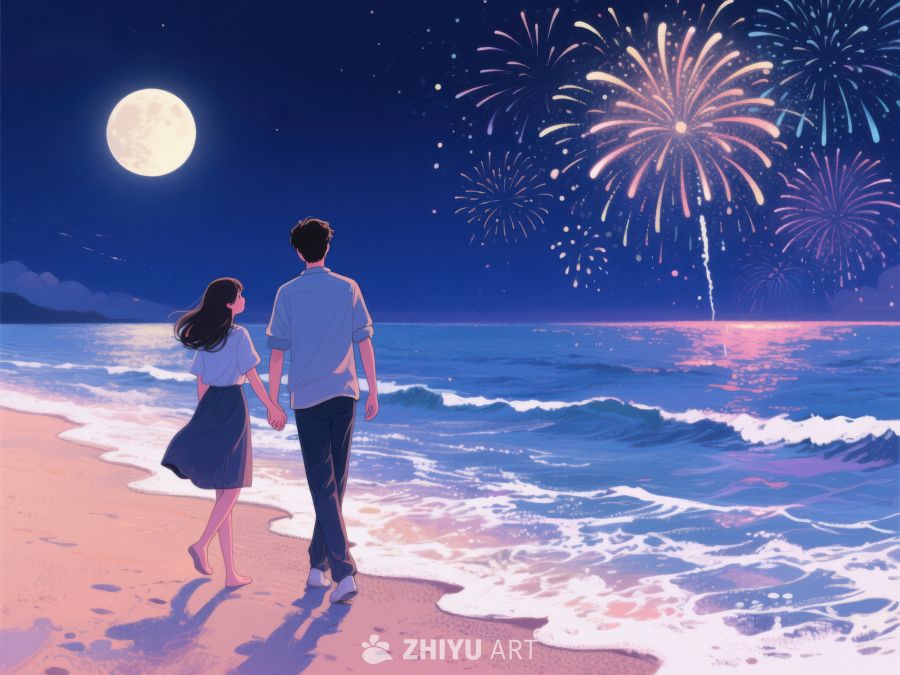 月下烟花，海边漫步 1146