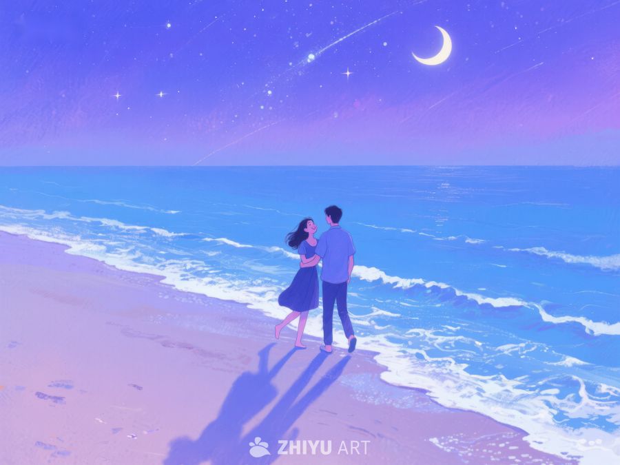 情侣在星空下的海滩漫步 561