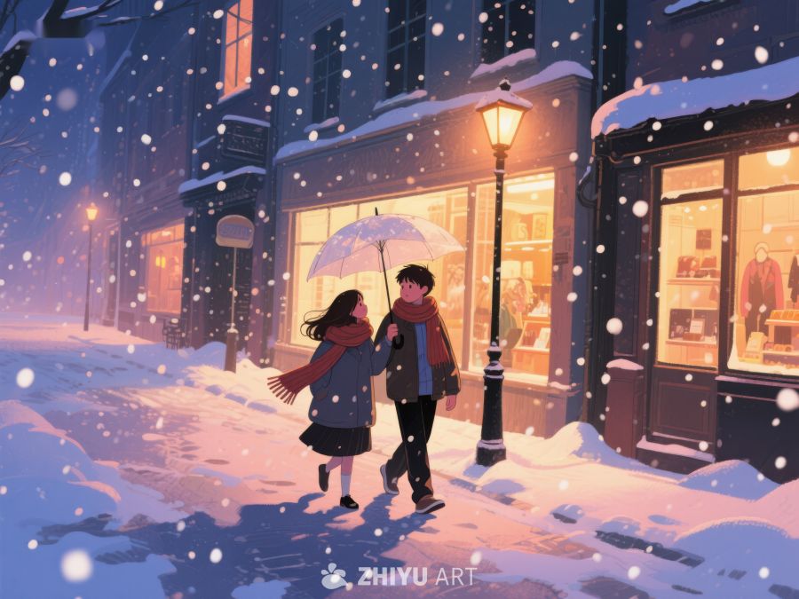 雪夜漫步：情侣伞下温馨时刻 889