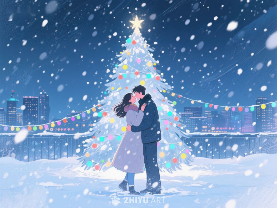 雪夜情侣在圣诞树下相拥 896