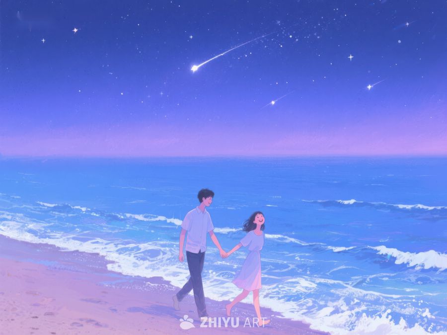 夜空下海边漫步的情侣 972