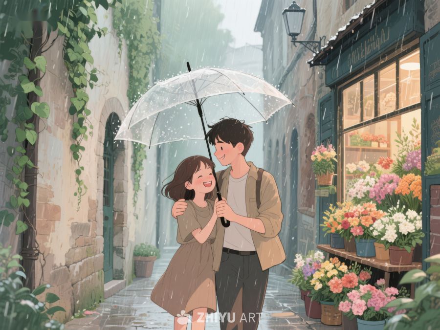雨中花店前的温馨时刻 1064