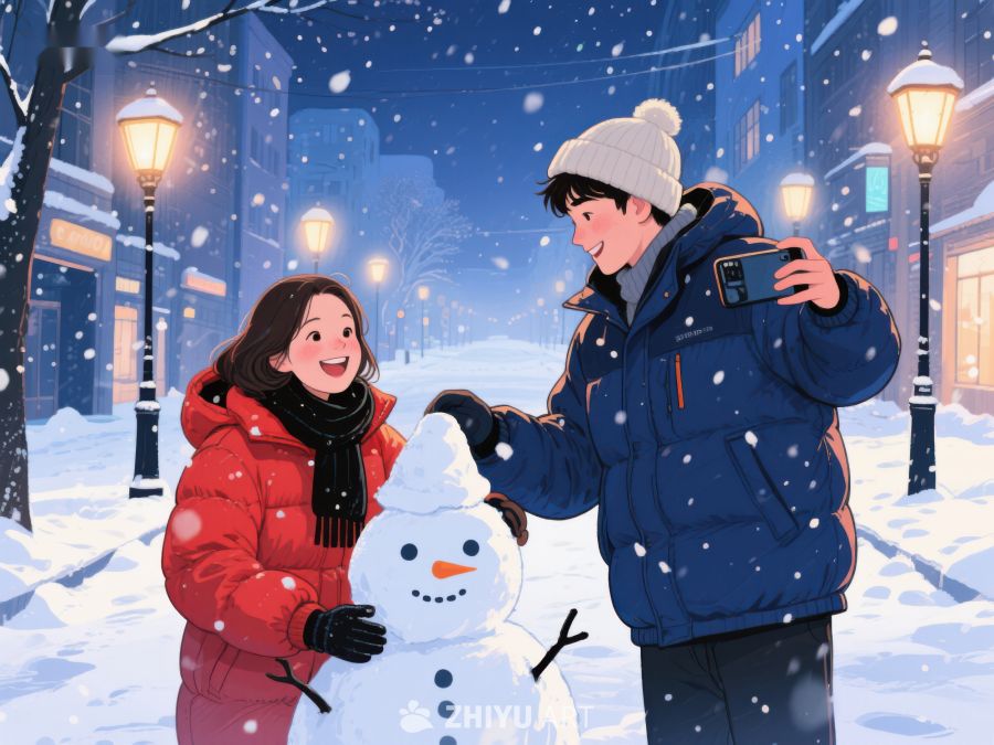 冬夜街头，两人共建雪人 161