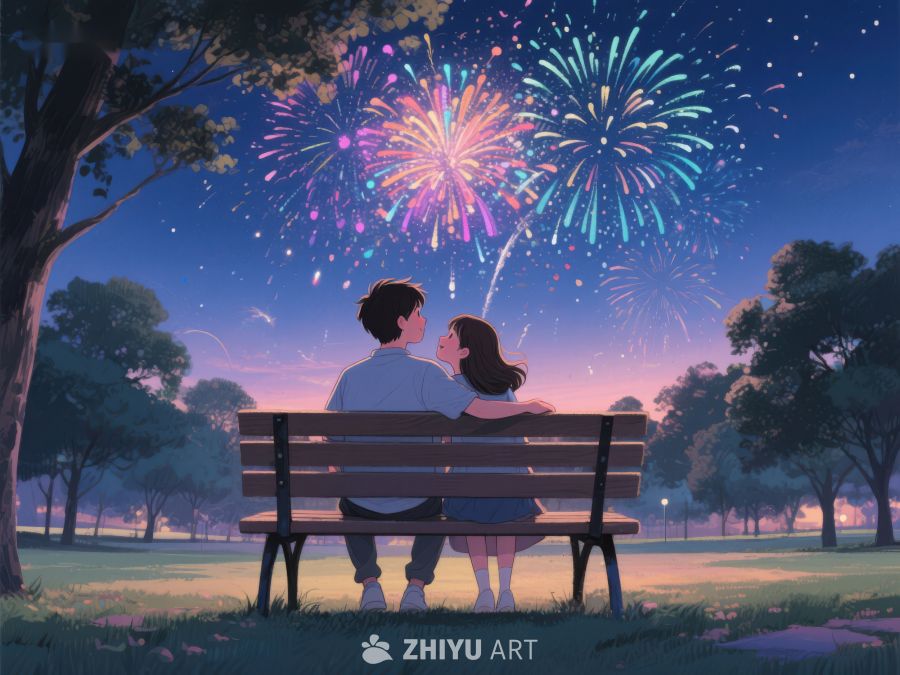 公园长椅上的情侣观赏烟花 217