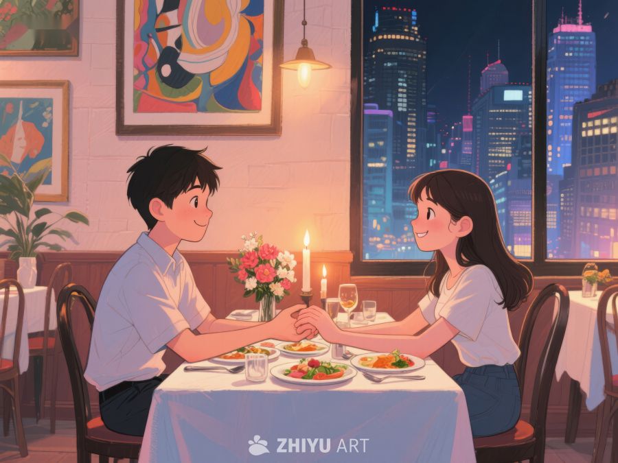情侣在城市夜景中享用晚餐 569