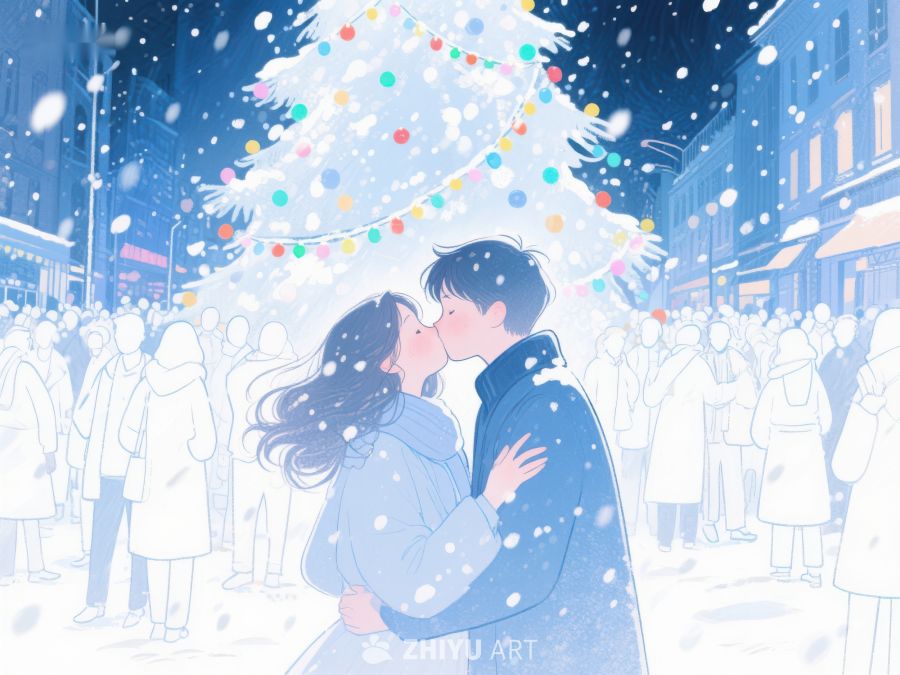 雪夜情侣在圣诞树下亲吻 975