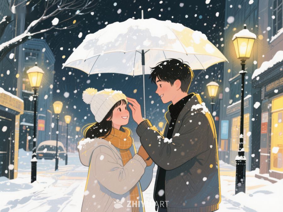 雪夜伞下温馨时刻 980