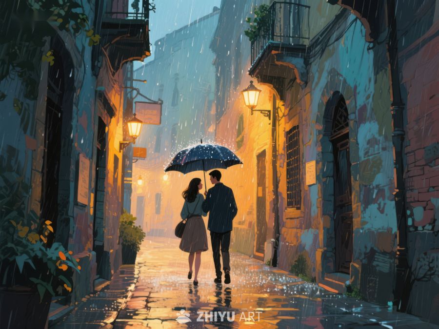 雨夜街巷，伞下情侣漫步 1130