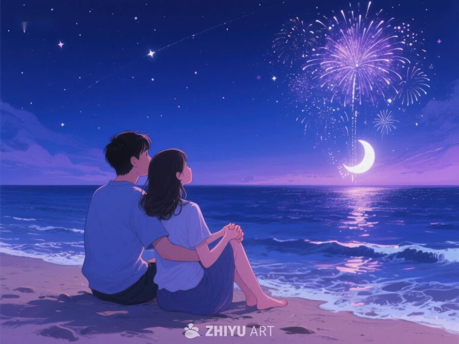 海边夜景下的情侣与烟花 271