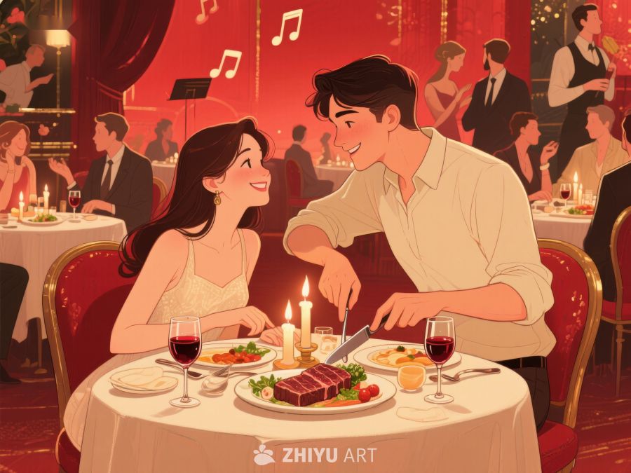 浪漫晚餐：情侣在餐厅共享美食 435