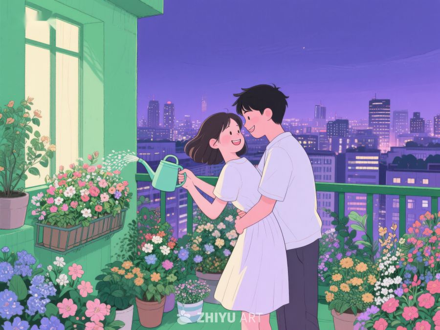情侣阳台浇花，城市夜景相伴 570