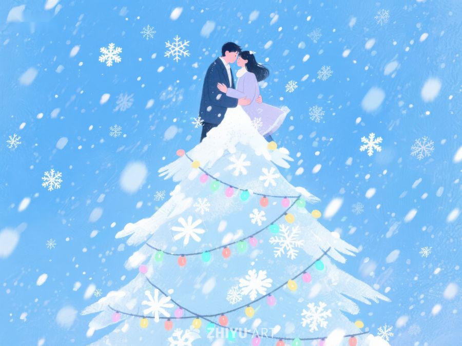 雪中圣诞树上的浪漫情侣 1008