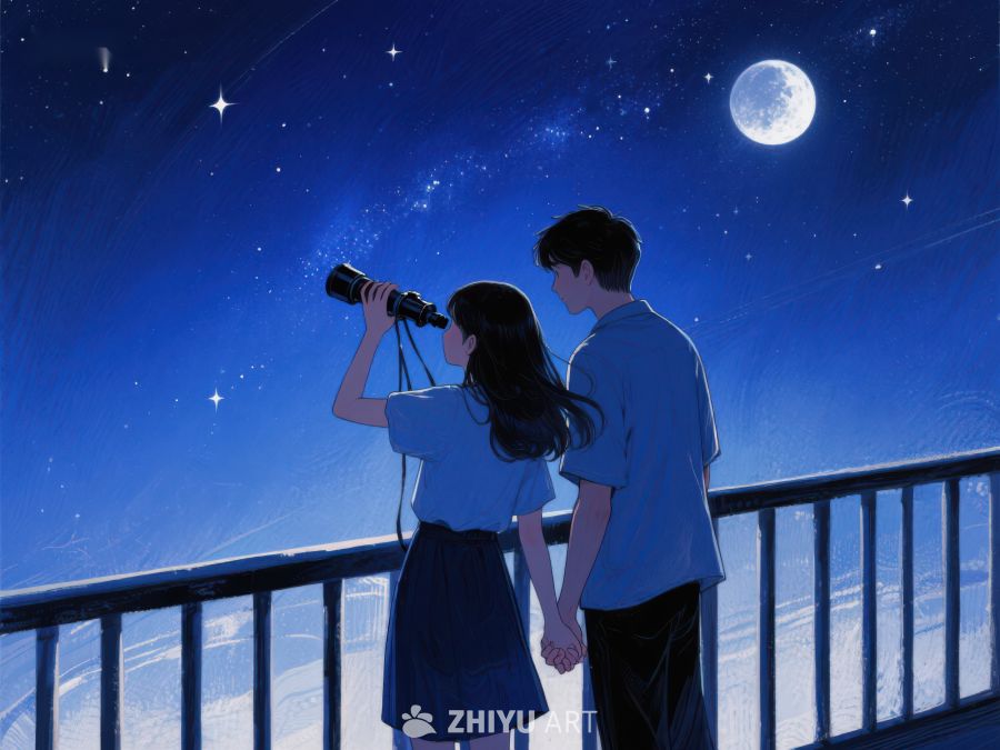 夜空下的情侣望远镜观星 1050