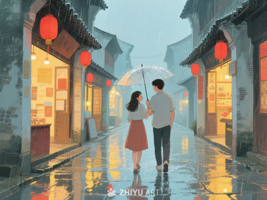 雨夜古街，伞下情侣漫步 1133