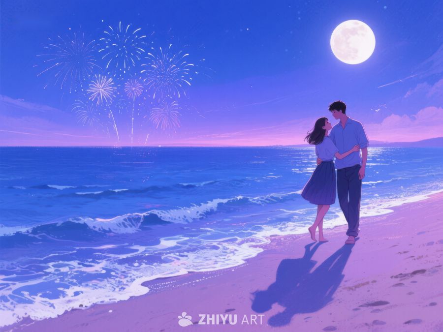 月下海滩情侣共赏烟花 1209