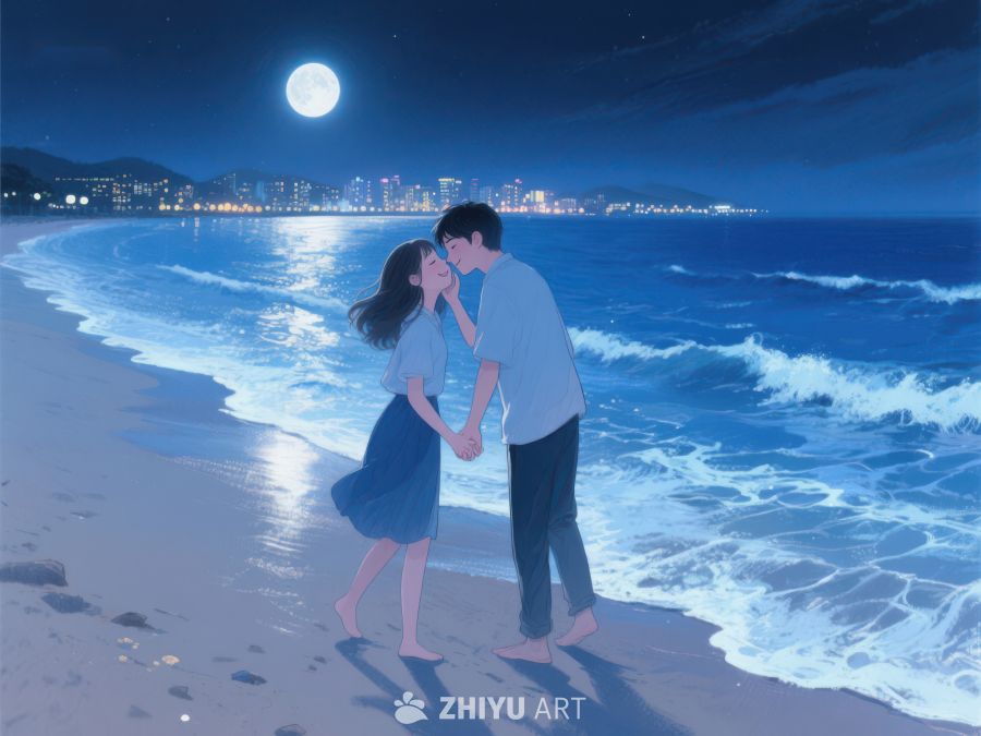 月夜海滩情侣相拥 1239