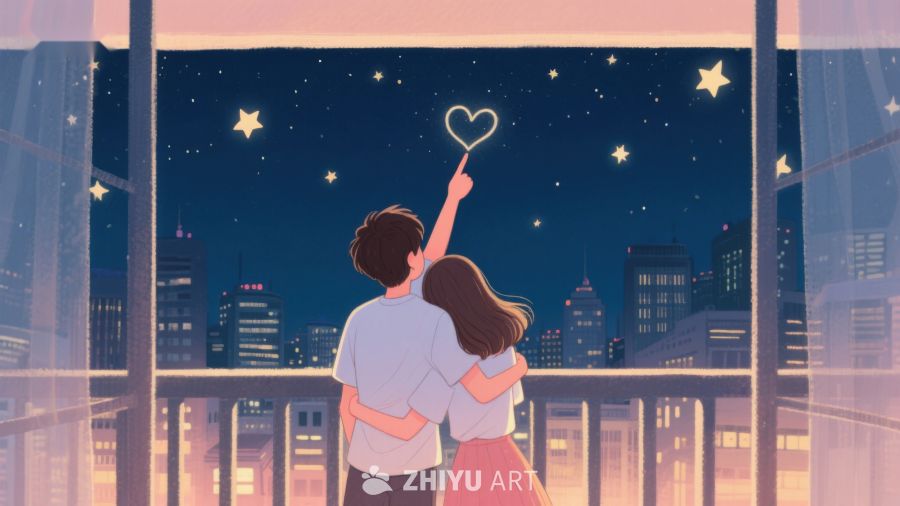 情侣窗前共绘星空心形 243