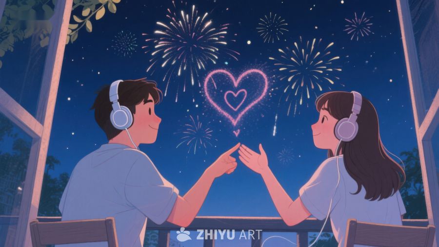 夜空烟花下，耳机情侣共赏心形光 582
