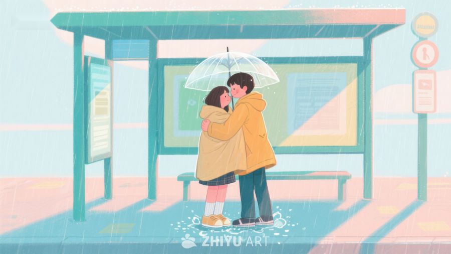 雨中公交站的温馨拥抱 635