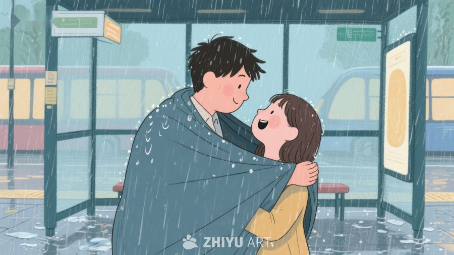 雨中公交站的温馨拥抱 621