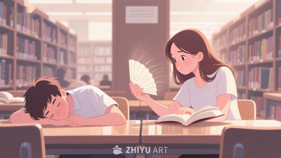 图书馆中，女孩轻扇为熟睡男孩送凉 323