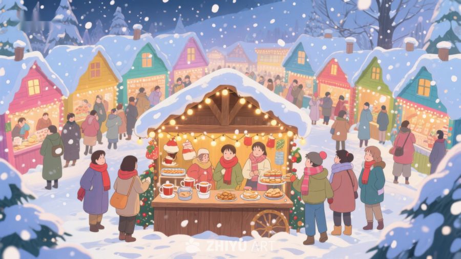 冬日市集：雪中热闹的节日场景 20