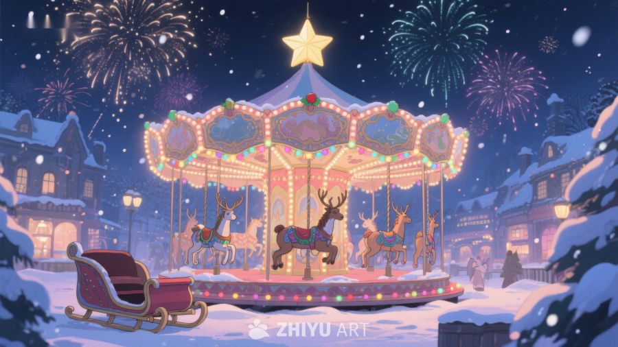 冬夜雪景中的旋转木马与烟花 119